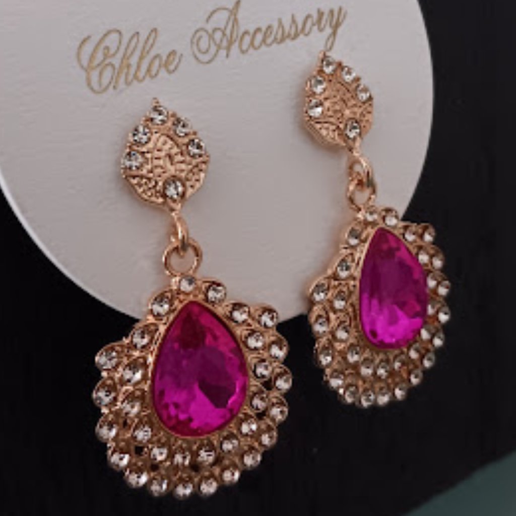 Chloe Accessory Glamorous Gold FuchsiaClear Crystal Pear Shaped Drop Earrings 12$